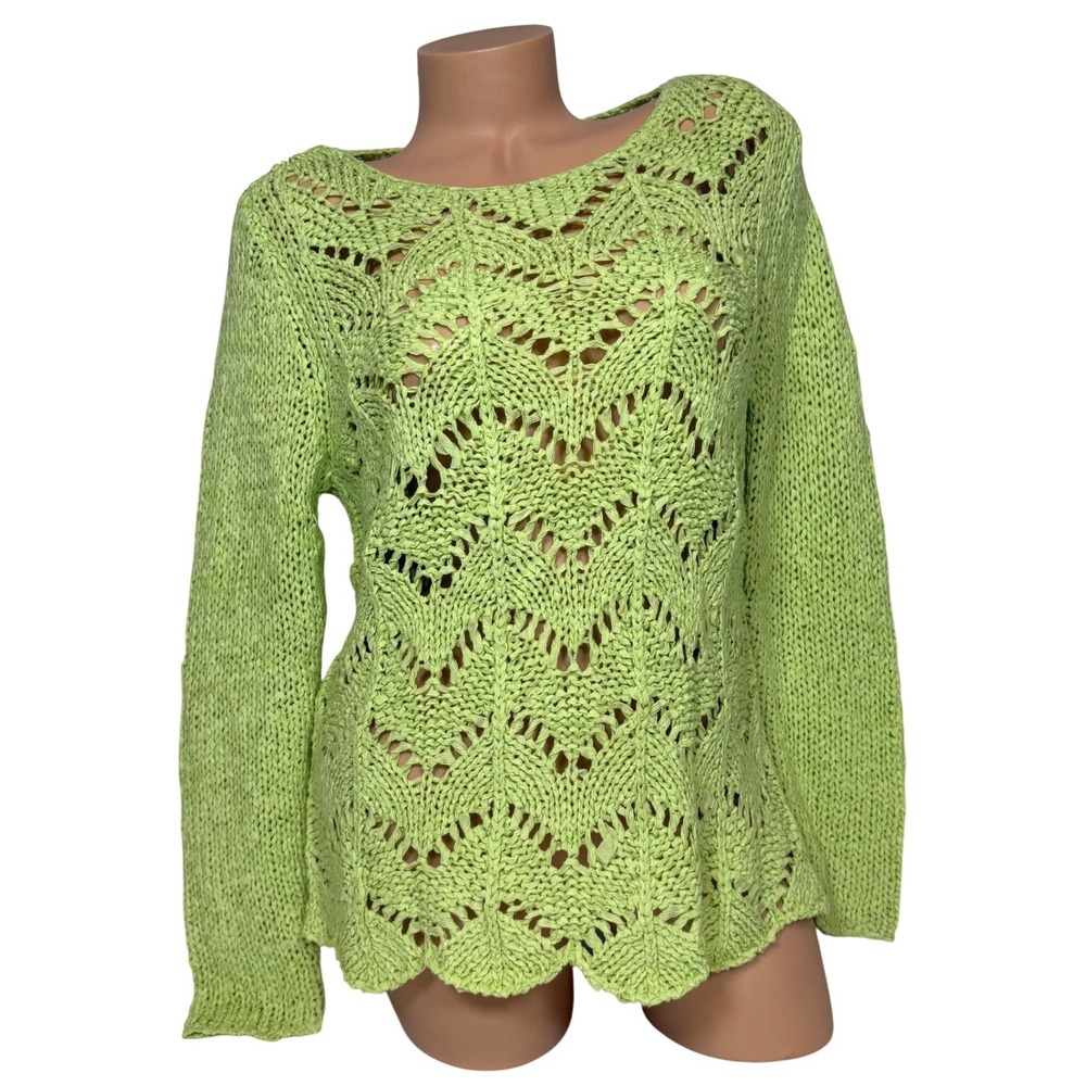 Chico's Lime Green Chevron Pointelle Open Knit Scalloped Sweater Size 1 Medium